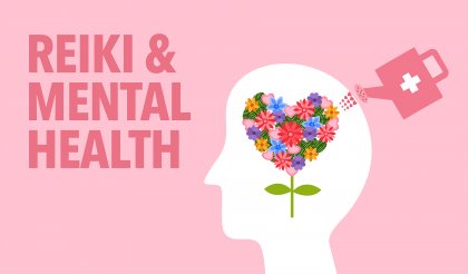 Animated text stating reiki and mental health with pink background