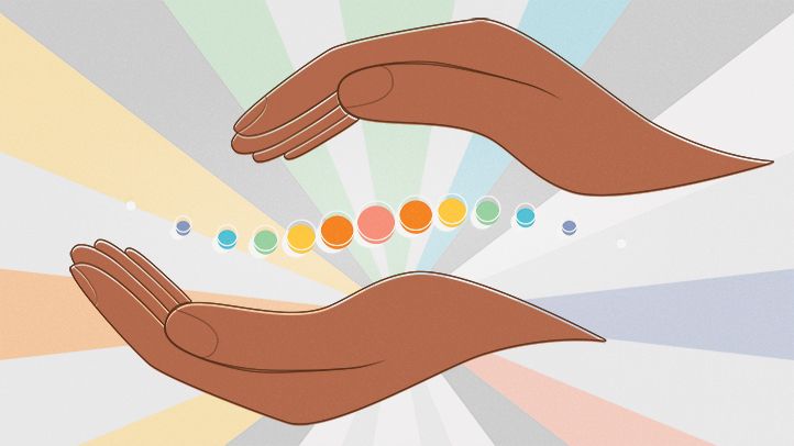 Two animated hands doing reiki with colorful background